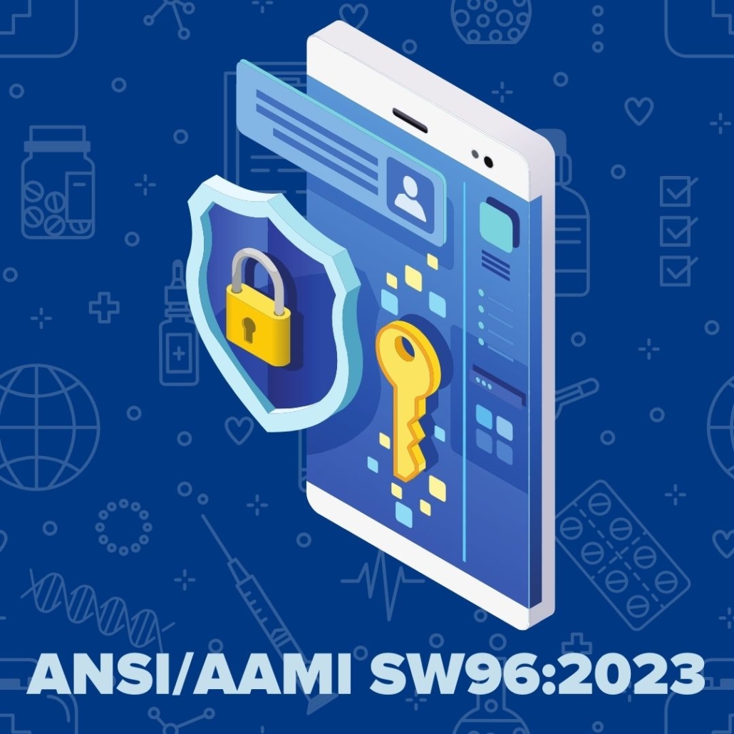 This image shows a screen which seems to be protected by a cybersecurity lock and key, simulating the type of security offered by ANSI/AAMI SW96:2023